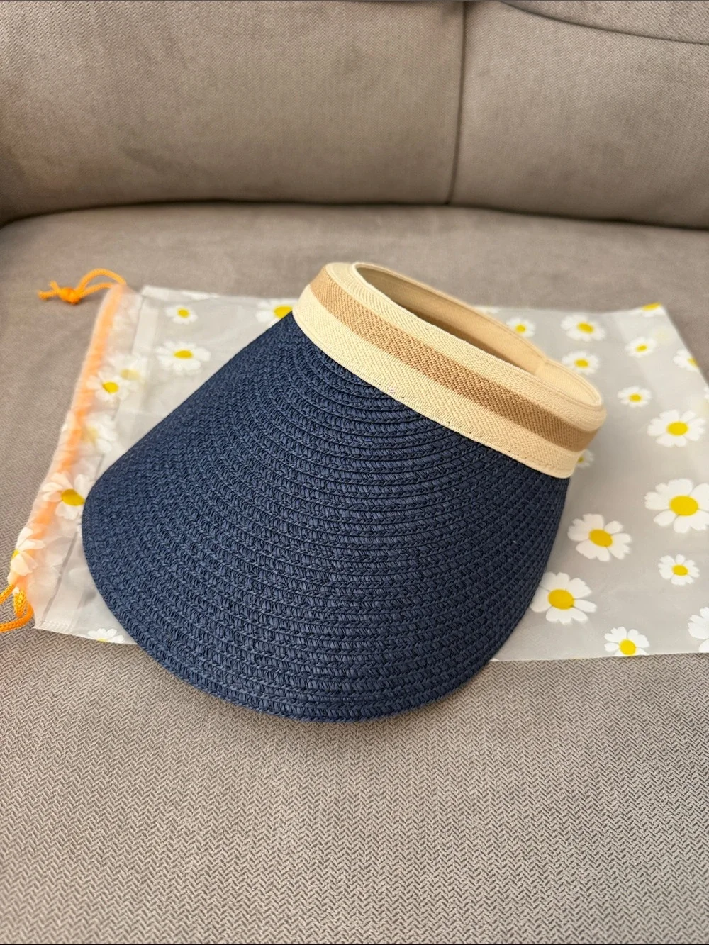 BRAND NEW Lady Navy Straw Visor with Beige Trim - Sun Protective Hat